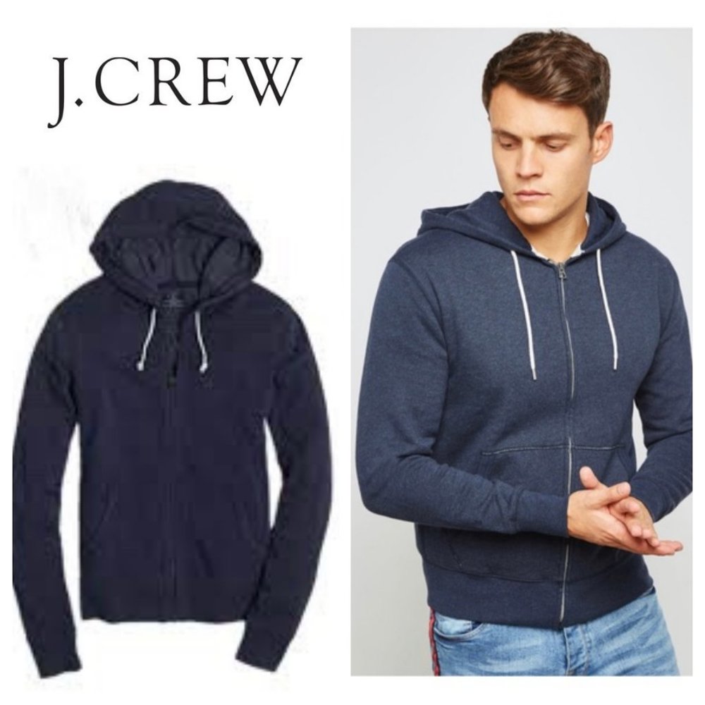 J Crew Brushed Fleece Hoodie Sweatshirt Mens Medium Navy Blue Full Zip Up
